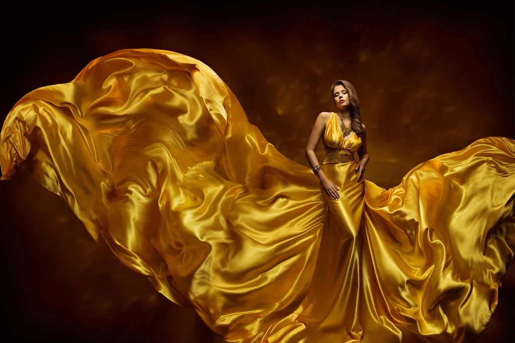Regal gold silk gown representing Authentic Argan Elixir